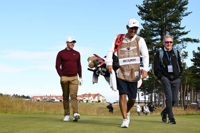 Rory McIlroy walks on the course with his caddie Harry Diamond and coach Michael Bannon prior to the Genesis Scottish Open at The Renaissance Club. Picture: Octavio Passos/Getty Images.