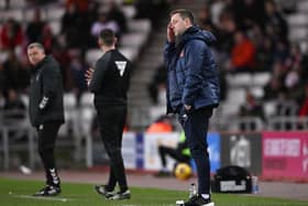 Sunderland head coach Michael Beale reacts on the sidelines during the 3-0 defeat to Coventry City at Stadium of Light. (Photo by Stu Forster/Getty Images)