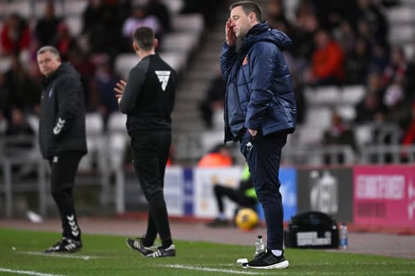 Sunderland head coach Michael Beale reacts on the sidelines during the 3-0 defeat to Coventry City at Stadium of Light. (Photo by Stu Forster/Getty Images)