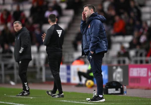 Sunderland head coach Michael Beale reacts on the sidelines during the 3-0 defeat to Coventry City at Stadium of Light. (Photo by Stu Forster/Getty Images)