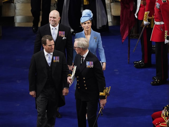 Peter Phillips (front), Mike and Zara Tindall at the coronation of King Charles III and Queen Camilla at Westminster Abbey