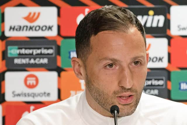 RB Leipzig manager Domenico Tedesco addresses the media at Ibrox ahead of the Europa League semi-final second leg against Rangers. (Photo by Craig Williamson / SNS Group)