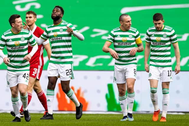 Celtic’s Odsonne Edouard celebrates after scoring the goal that ensured John Kennedy made a winning start to his spell as interim manager. (Photo by Craig Williamson / SNS Group)