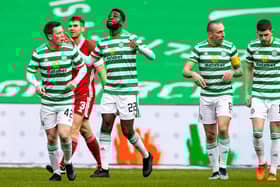Celtic’s Odsonne Edouard celebrates after scoring the goal that ensured John Kennedy made a winning start to his  spell as interim manager. (Photo by Craig Williamson / SNS Group)