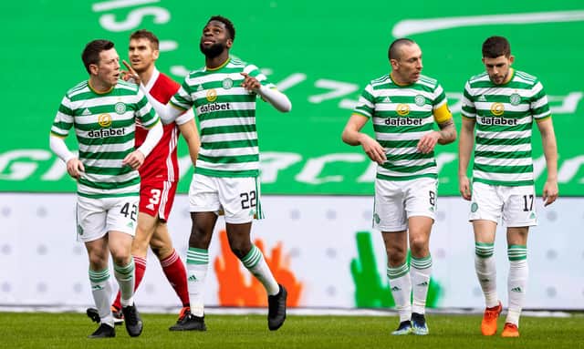 Celtic’s Odsonne Edouard celebrates after scoring the goal that ensured John Kennedy made a winning start to his spell as interim manager. (Photo by Craig Williamson / SNS Group)