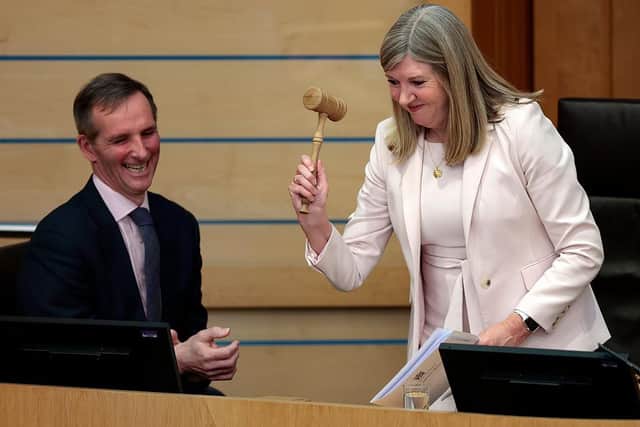 Retiring Presiding Officer Alison Johnstone closes the Scottish Parliament on March 25, 2026, watched by deputy Liam McArthur, one of the candidates for the position in the new session (Picture: Jeff J Mitchell/Getty Images)