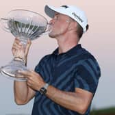 Martin Laird celebrates with the trophy after winning the Shriners Hospitals For Children Open at TPC Summerlin in Las Vegas, Nevada. Picture: Matthew Stockman/Getty Images