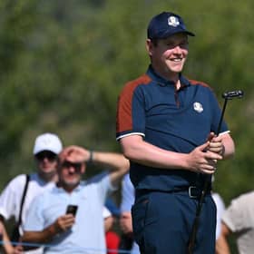 Bob MacIntyre smiles on the 2nd green during practice ahead of the 44th Ryder Cup at the Marco Simone Golf and Country Club in Rome. Picture: Andreas Solaro/AFP via Getty Images.