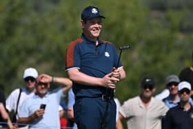 Bob MacIntyre smiles on the 2nd green during practice ahead of the 44th Ryder Cup at the Marco Simone Golf and Country Club in Rome. Picture: Andreas Solaro/AFP via Getty Images.