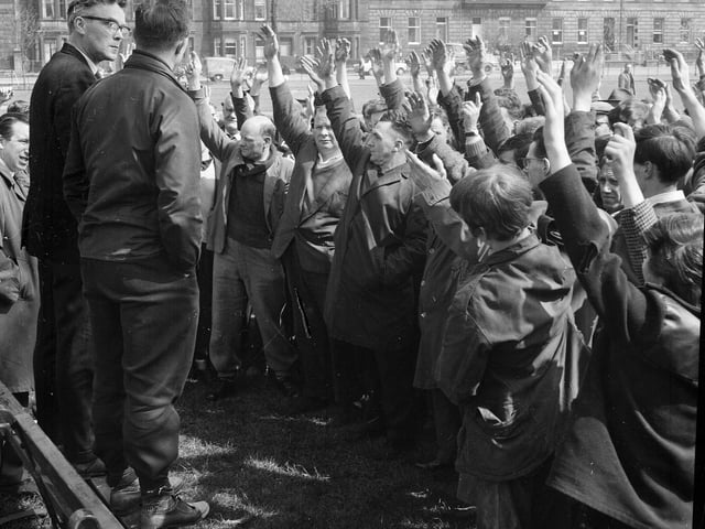 Edinburgh and Leith Scottish Co-operative Wholesale Society workers call for a strike in 1965.