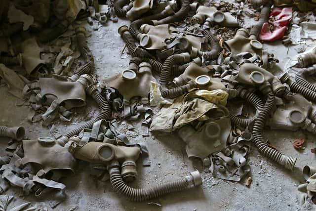 Abandoned gas masks on the floor in a school in the deserted town of Prypyat, adjacent to the Chernobyl nuclear site (Picture: Sergey Supinski/AFP via Getty Images)