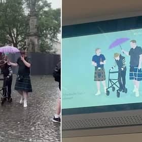 Two Scottish football fans in kilts walk slowly across a park in Cologne beside an elderly German man, holding aloft an umbrella to shelter him from the rain
