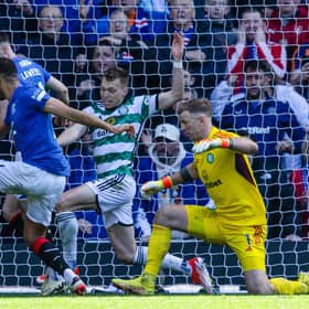 Rangers' Cyriel Dessers scores before his goal is ruled out for a foul on Celtic's Tomoki Iwata after a VAR check. (Photo by Craig Foy / SNS Group)