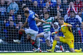 Rangers' Cyriel Dessers scores before his goal is ruled out for a foul on Celtic's Tomoki Iwata after a VAR check. (Photo by Craig Foy / SNS Group)