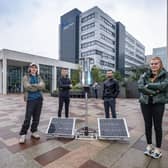 Dr Andrew Cowell with student engineers Scott McCulloch, Adam Friend, Jamie Whitehead and Rebekah Edgar with a flatpack wind turbine invented by by Douglas Macartney,. It has since been developed into a viable prototype by several teams of undergraduate engineers from Glasgow Caledonian University.