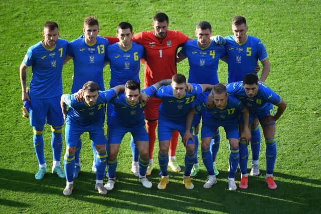The Ukraine national team pictured before the Euro 2020 round of 16 match against Sweden at Hampden on June 29. (Photo by ANDY BUCHANAN/POOL/AFP via Getty Images)