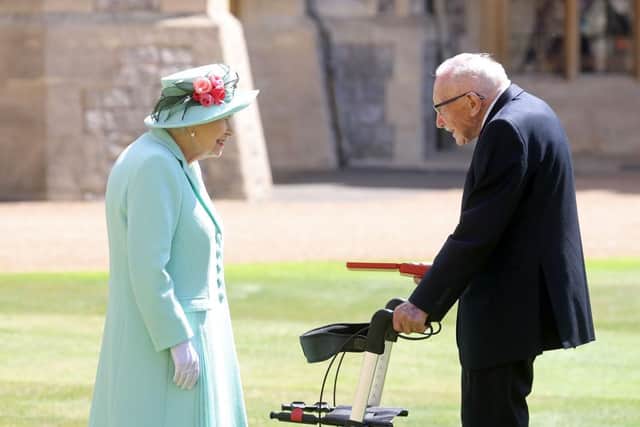 National hero Captain Sir Tom Moore has been knighted by the Queen in recognition of his outstanding achievement raising almost £33 million for the NHS. (Photo by Chris Jackson/Getty Images)