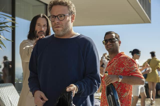Keanu Reeves as Gabriel, Seth Rogen as Jeff, and Aziz Ansari as Ari in Good Fortune. Picture: Lionsgate