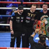 Josh Taylor and his team after his win by unanimous decision over Jose Ramirez in Las Vegas. UK fight fans could only watch the contest on a streaming service. Picture: David Becker/Getty Images