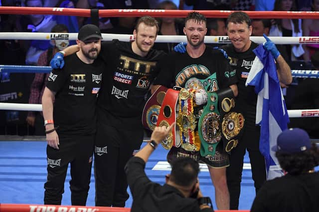 Josh Taylor and his team after his win by unanimous decision over Jose Ramirez in Las Vegas. UK fight fans could only watch the contest on a streaming service. Picture: David Becker/Getty Images