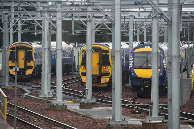 Most ScotRail trains will remain in depots on Sunday when fewer than 15 per cent of services are due to operate. Picture: John Devlin