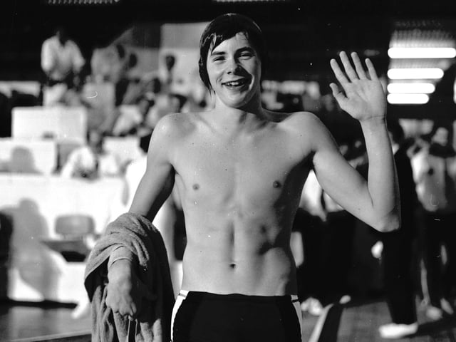 Scottish swimmer David Wilkie celebrates after beating his 200m breast stroke record during the 1970 Commonwealth Games in Edinburgh.