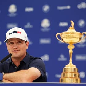 US Ryder Cup captain Zach Johnson speaks to the media during a joint press conference at Marco Simone Golf Club. Picture: Andrew Redington/Getty Images.