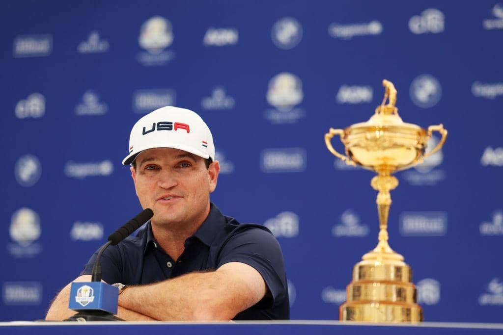 US Ryder Cup captain Zach Johnson speaks to the media during a joint press conference at Marco Simone Golf Club. Picture: Andrew Redington/Getty Images.