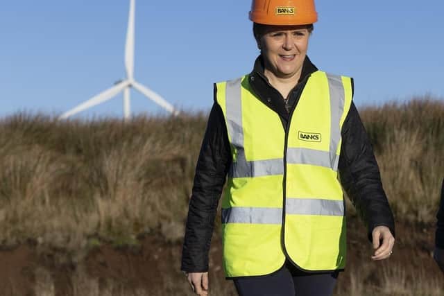 First Minister Nicola Sturgeon during a visit to Kype Muir windfarm near Strathaven, South Lanarkshire, to mark the grid connection of the UK's tallest wind turbine.