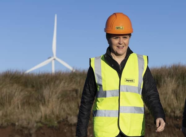 First Minister Nicola Sturgeon during a visit to Kype Muir windfarm near Strathaven, South Lanarkshire, to mark the grid connection of the UK's tallest wind turbine.
