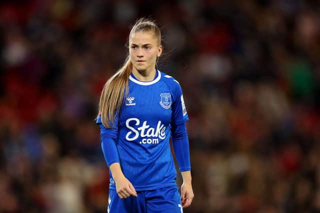 Jess Park of Everton looks on during the FA Women's Super League match between Liverpool and Everton FC at Anfield on September 25, 2022 in Liverpool, England. (Photo by Charlotte Tattersall/Getty Images)