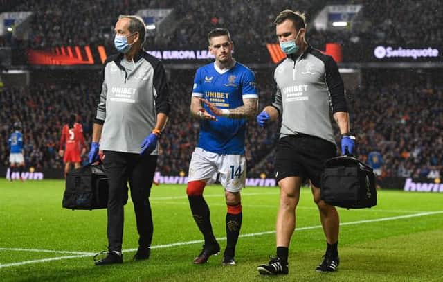 Rangers winger Ryan Kent leaves the field after suffering a hamstring injury during the Europa League defeat against Lyon at Ibrox. (Photo by Craig Foy / SNS Group)