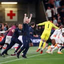 David Moyes celebrates after West Ham clinch a 2-1 victory over Fiorentina to win the UEFA Europa Conference League in Prague. (Photo by Alex Grimm/Getty Images)