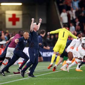 David Moyes celebrates after West Ham clinch a 2-1 victory over Fiorentina to win the UEFA Europa Conference League in Prague. (Photo by Alex Grimm/Getty Images)