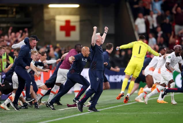 David Moyes celebrates after West Ham clinch a 2-1 victory over Fiorentina to win the UEFA Europa Conference League in Prague. (Photo by Alex Grimm/Getty Images)