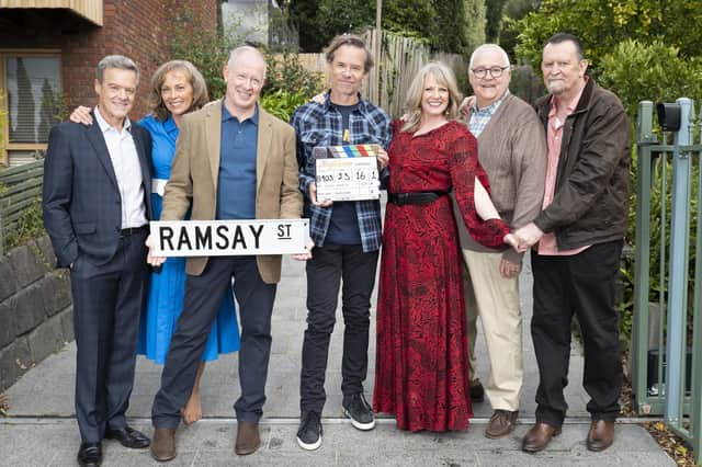 (left-right) Stefan Dennis Annie Jones, Geoff Paine, Guy Pearce, Lucinda Cowden, Ian Smith and Paul Keane