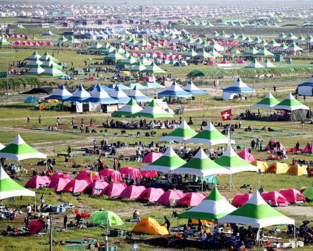 Tents at the World Scout Jamboree as scouts prepare to leave the event in Buan, South Korea, earlier this week. Scouts and volunteers began leaving Saemangeum, the venue of the 25th World Scout Jamboree, days ahead of schedule, due to an approaching typhoon.