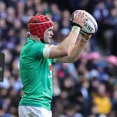 Flanker Josh van der Flier of Ireland prepares to throw the ball into the line-out during the Six Nations Rugby match between Scotland and Ireland at Murrayfield Stadium on March 12, 2023 in Edinburgh, Scotland. (Photo by David Rogers/Getty Images)