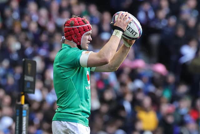 Flanker Josh van der Flier of Ireland prepares to throw the ball into the line-out during the Six Nations Rugby match between Scotland and Ireland at Murrayfield Stadium on March 12, 2023 in Edinburgh, Scotland. (Photo by David Rogers/Getty Images)