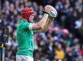 Flanker Josh van der Flier of Ireland prepares to throw the ball into the line-out during the Six Nations Rugby match between Scotland and Ireland at Murrayfield Stadium on March 12, 2023 in Edinburgh, Scotland. (Photo by David Rogers/Getty Images)