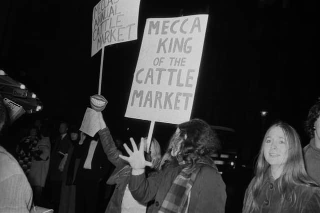 A Women's Lib protest against Miss World in 1970 before the flour-bombing of guest star Bob Hope (Picture: Pierre Manevy/Getty Images)