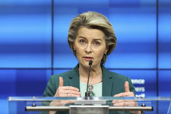 European Commission president Ursula von der Leyen speaks. Picture: Aris Oikonomou, Pool Photo via AP