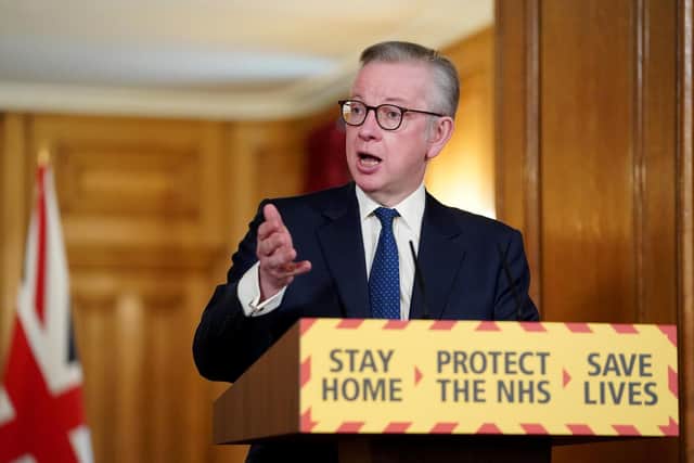 Michael Gove speaking during a media briefing in Downing Street, London, on coronavirus (COVID-19).