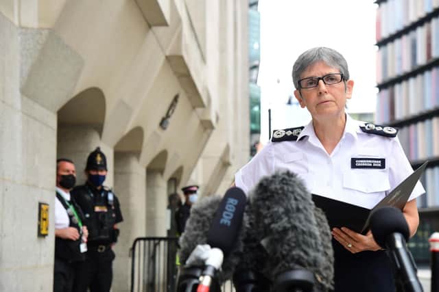 Metropolitan Police Commissioner Cressida Dick speaking outside the Old Bailey in central London after Metropolitan Police officer Wayne Couzens pleaded guilty to the murder of Sarah Everard.