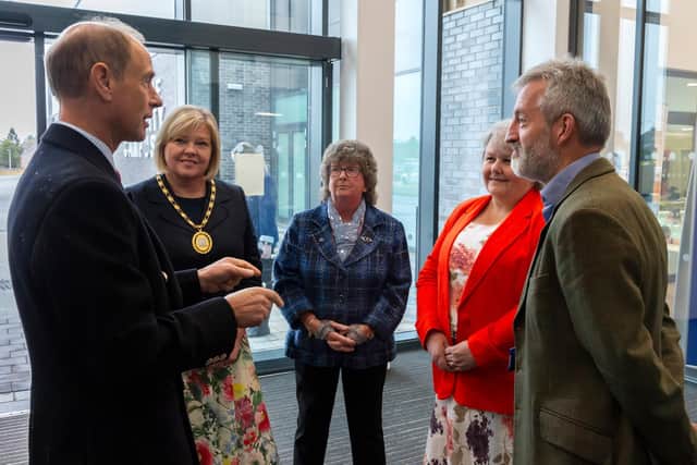 Aberdeenshire Provost Cllr Judy Whyte welcomed The Duke of Edinburgh to Inverurie Community Campus alongside Aberdeenshire Council Leader Cllr Gillian Owen, Deputy Leader Cllr Anne Stirling and Chief Executive Jim Savege.