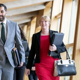 First Minister Humza Yousaf and Deputy First Minister Shona Robison (right) arrive for First Minister's Questions (FMQs) in the main chamber of the Scottish Parliament in Edinburgh.