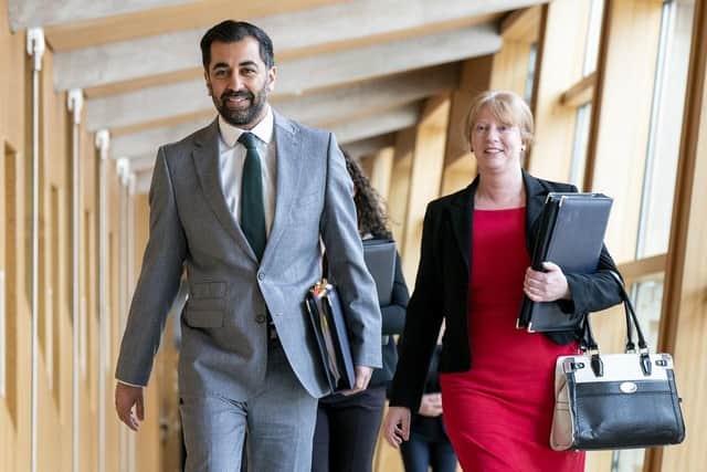 First Minister Humza Yousaf and Deputy First Minister Shona Robison (right) arrive for First Minister's Questions (FMQs) in the main chamber of the Scottish Parliament in Edinburgh.