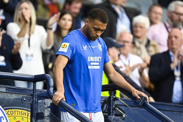 Rangers' Cyriel Dessers looks dejected after collecting his runners-up medal after the Scottish Cup final defeat to Celtic. (Photo by Rob Casey / SNS Group)