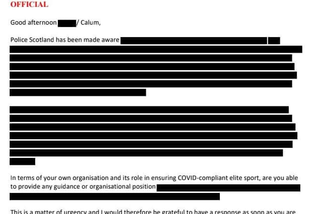 Extracts of redacted emails released to The Scotsman between Police Scotland, the SPFL, the Scottish Government, and Glasgow City Council.