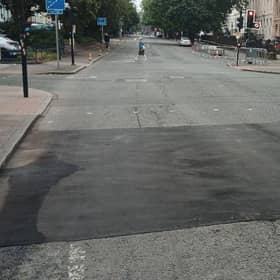 Patching of a junction on Fitzroy Place, west of Charing Cross in Glasgow, for the UCI Cycling World Championships obscured part of an advanced stop line designed to increase cyclists' safety. (Photo by Alastair Daltn/The Scotsman)